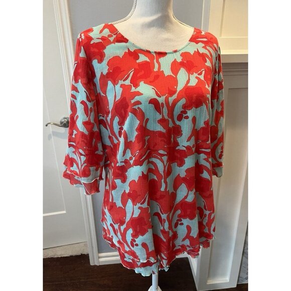 SOFT SURROUNDINGS Blouse Top M Blue Red Orange Floral Cotton Gauze Coastal - Picture 4 of 10